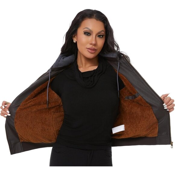 Women Coffee Faux Leather Waterproof Motorcycle Bomber Biker Jacket - Picture 4 of 8